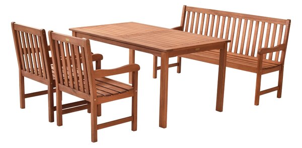 Merxx Set Santos 4 pezzi, 2 poltrone Santos, 1 panca Santos, 3 posti, 1 tavolo, 150 x 90 cm, eucalipto
