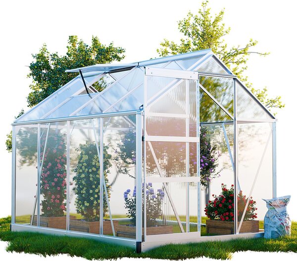 GARMIO® Serra NEAPEL, 250x190 cm, per il giardino, con struttura in alluminio, base inclusa, 2 finestre sul tetto, protezione UV, ideale per coltivare pomodori