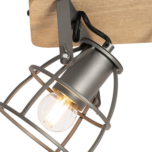 Faretto industriale grigio scuro con legno regolabile 3 luci - Arthur