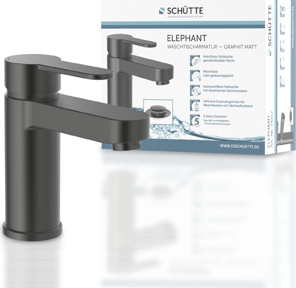 Miscelatore per lavabo SCHÜTTE ELEPHANT con scarico a scomparsa, rubinetto da bagno con scarico a scomparsa, grafite opaco
