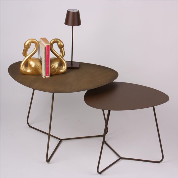 Coppia Tavolinetti da salotto forma ovoidale BIG e SMALL MOD.STONE dimensioni 66x72x 49 h cm - 54x48x 44 h cm design moderno colore Ottone Brunito, Bronzo Corten