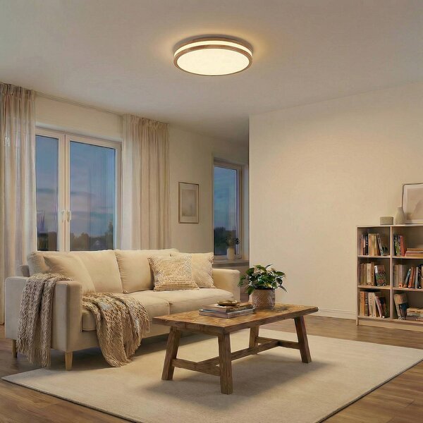 Plafoniera soffitto Emiva Lindby, dimmerabile, Legno chiaro, Soggiorno / Sala da pranzo, Legno, Moderno, Plafoniera
