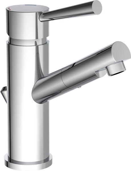 Rubinetto a bassa pressione CORNWALL, miscelatore per lavabo con tirante, rubinetto da bagno con scarico a scomparsa per lavabo, cromo