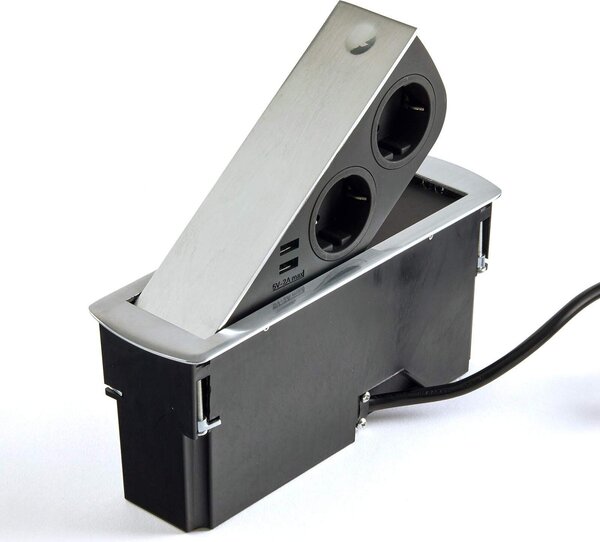 Presa di corrente da incasso (2 x connessione USB / 2 x presa Schuko) look acciaio inox incl. spina con elemento di presa push to open per piani di lavoro e scrivanie di SOTECH