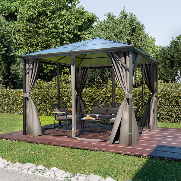 Gazebo GARMIO® 3x3m con tetto in policarbonato e zanzariera, parti laterali impermeabili in antracite, con struttura in metallo e telaio in alluminio, per uso esterno