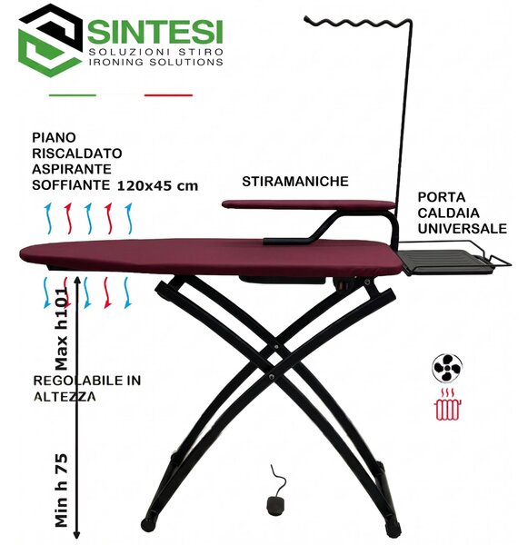 Asse da stiro aspirante soffiante EVO 120x45xh75-101 max cm piano in rete di acciaio dotato di un motore e di una pedaliera copertina colore Bordeaux telaio nero