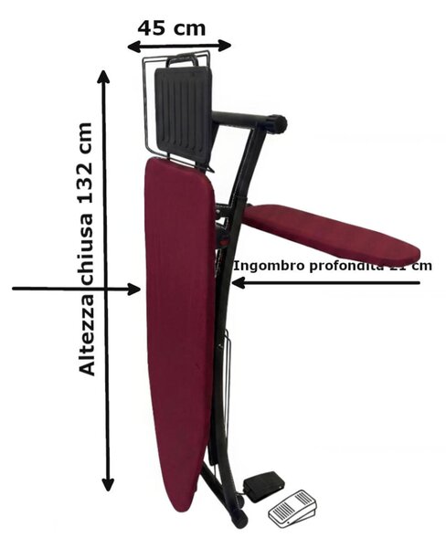 Asse da stiro aspirante soffiante EVO 120x45xh75-101 max cm piano in rete di acciaio dotato di un motore e di una pedaliera copertina colore Bordeaux telaio nero