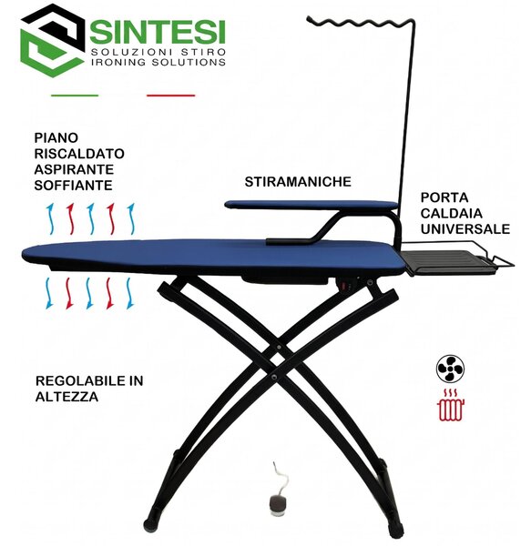 Asse da stiro aspirante soffiante EVO 120x45xh75-101 max cm piano in rete di acciaio dotato di un motore e di una pedaliera copertina colore blu telaio nero