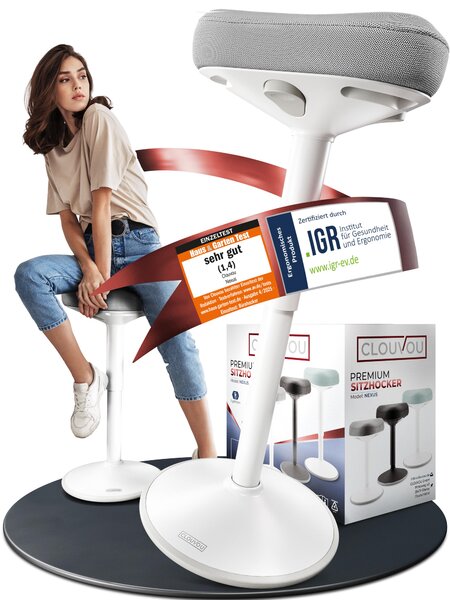 CLOUVOU Nexus Sgabello da ufficio [L'ORIGINALE] Sgabello alto per una schiena più in forma, regolabile in altezza da 57 a 82 cm, sgabello ergonomico oscillante (grigio)