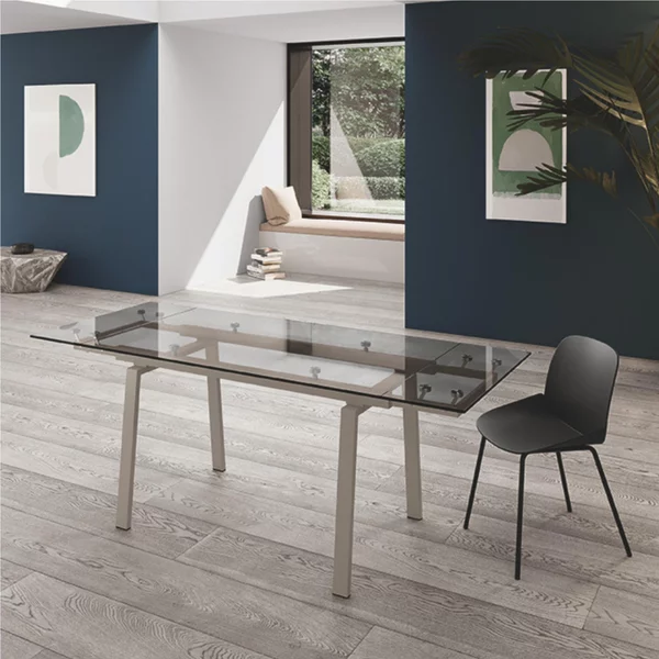 Tavolo Allungabile, In Vetro Temperato ad alto spessore 1 cm, TOMMY Dimensioni 90x140 Max 200 x h 76 cm, peso kg 63 Fino a 8 persone Top Trasparente