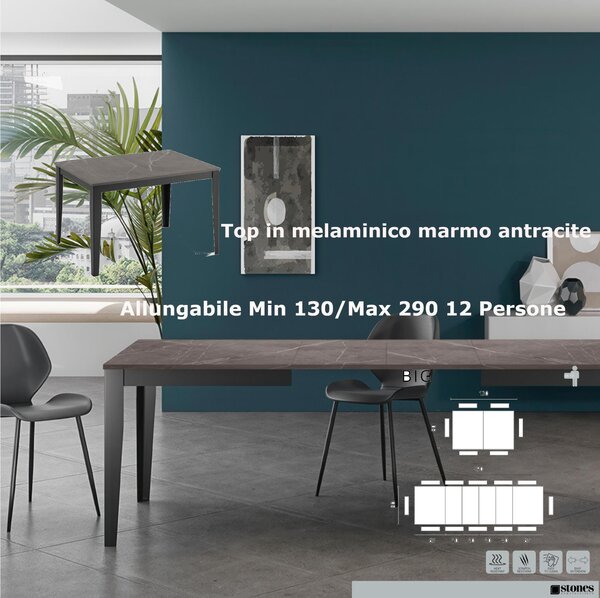 Tavolo Allungabile, Top in melaminico marmo antracite BIG Dimensioni 80x130 Max 290 x h 76 cm, peso kg 68 Fino a 12 persone Top marmo antracite