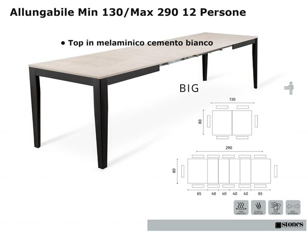 Tavolo Allungabile, Top in melaminico cemento bianco BIG Dimensioni 80x130 Max 290 x h 76 cm, peso kg 68 Fino a 12 persone Top cemento bianco