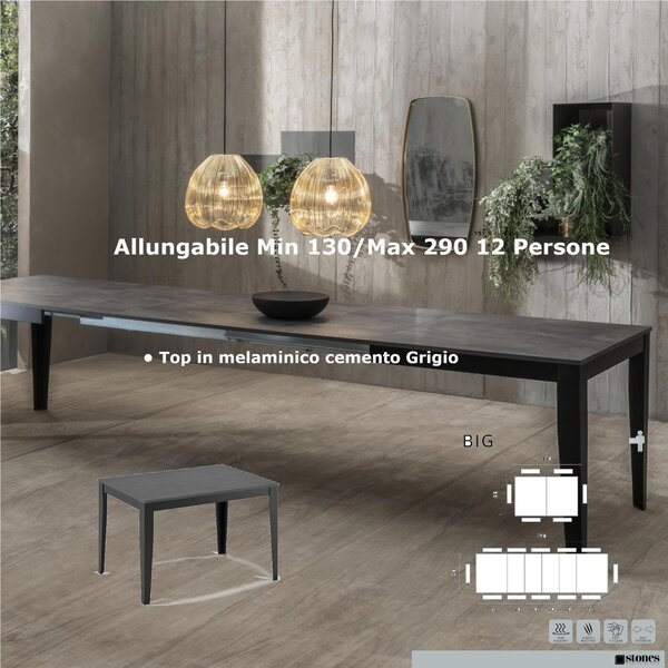 Tavolo Allungabile, Top in melaminico cemento Grigio Scuro BIG Dimensioni 80x130 Max 290 x h 76 cm, peso kg 68 Fino a 12 persone Top cemento Grigio Scuro