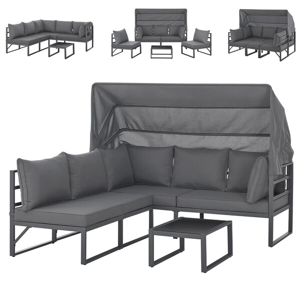 SVITA MAUI Set di mobili da giardino lounge con tetto Divano da esterno Sedia a sdraio Isola solare Acciaio Grigio