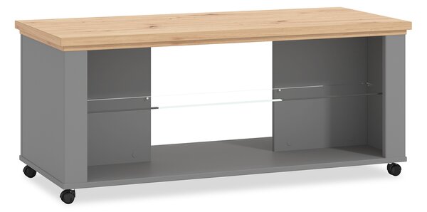 Homestyle4u Tavolino da caffè in legno vetro grigio Tavolo rettangolare da soggiorno Tavolo in legno con rotelle