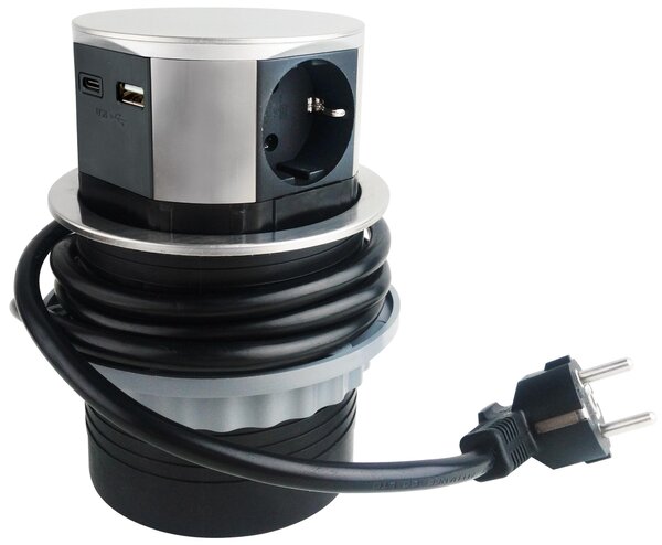 ChiliTec 23917 Presa da incasso per scrivania 3x +USB A+C a scomparsa, versione in acciaio inox, rotonda