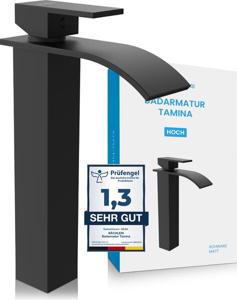 Miscelatore alto per bagno Tamina - nero opaco | Miscelatore per bagno a cascata dal design classico - rubinetto per lavabo da appoggio