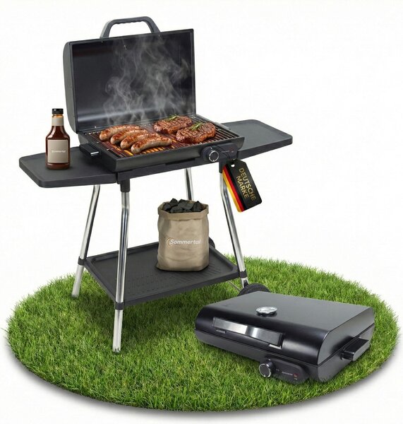 Barbecue elettrico Sommertal BBQ928 2in1 con coperchio | Barbecue da tavolo e barbecue elettrico con supporto | Piastra antiaderente + griglia | 2180 W