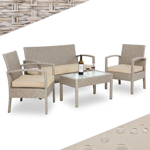 CASARIA® Set di mobili da giardino resistenti alle intemperie per 4 persone all'aperto incl. cuscini polyrattan 2x poltrona panca da giardino tavolo giardino terrazza balcone mobili lounge grigio, colore:crema