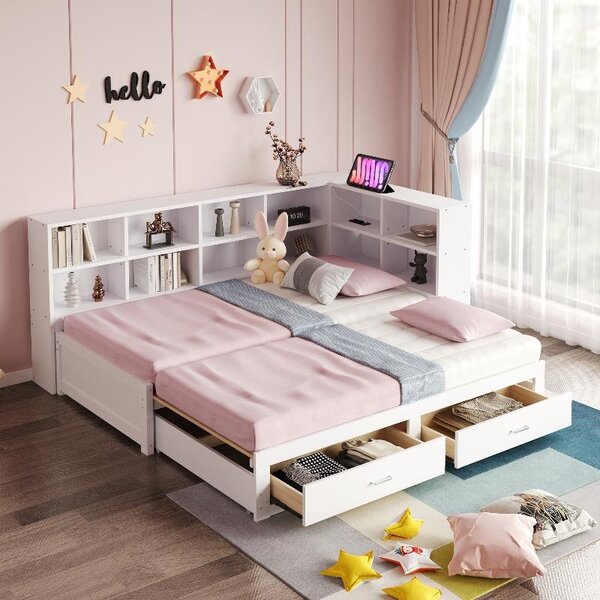 Divano letto in legno massello, dimensioni 90x190 cm, estendibile a 180x190 cm, letto multifunzionale con spazio contenitivo, presa di corrente nella testata, cassetti e rete a doghe, colore bianco