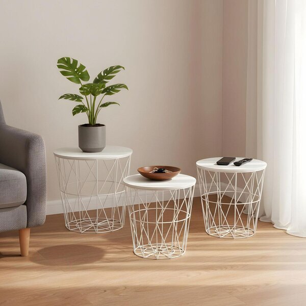 Set di 3 tavolini in metallo cestino metallico cestino metallico bianco tavolino coperchio decorazione