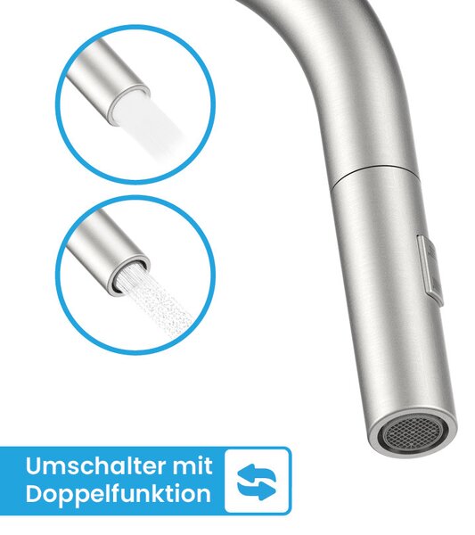 Rubinetto da cucina Bächlein orientabile a 360 gradi - Acciaio inox spazzolato - Miscelatore monocomando per lavello con tubo estraibile e getto con pulsante deviatore