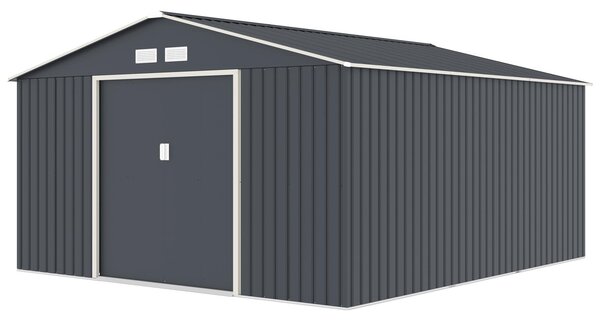 HATTORO S400, capanno per attrezzi in metallo, dimensioni 341x386x201 cm (larghezza x profondità x altezza). Capanno per attrezzi da giardino, tetto a falde, colore grigio antracite