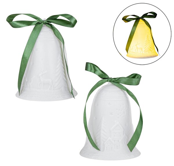 Set di 2 LED campana bianca H14cm porcellana decorazione da tavolo foresta invernale decorazione natalizia luce decorativa