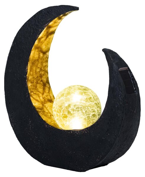 Lampada solare a LED, a forma di mezzaluna, nero e oro, sfera di vetro, H 30,5 cm