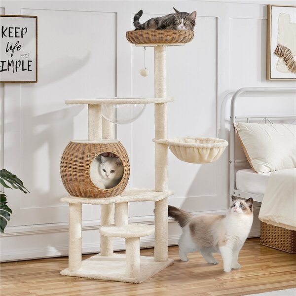 Piattaforma e tiragraffi per gatti 614523 beige, albero in rattan per gatti, beige, 137,5 cm
