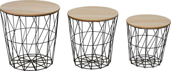 Set di 3 tavolini in metallo cestino metallico cestino in filo nero tavolino coperchio