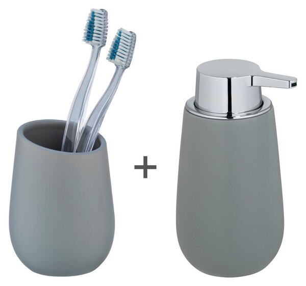 Set da bagno WENKO, modello Badi, composto da 2 accessori: 1 dispenser per sapone ricaricabile con una capacità massima di 320 ml di sapone liquido e 1 portaspazzolino da denti, realizzato in Vetroceramica con finitura opaca, colore grigio