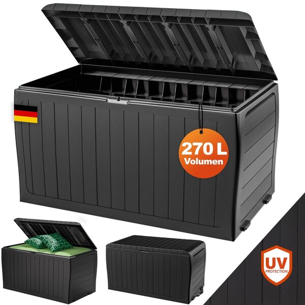 DEUBA® Contenitore da giardino 270 L resistente ai raggi UV con maniglie, rotelle e chiusura; ideale per balconi, soggiorni e verande; contenitore per cuscini 117x45 cm, antracite