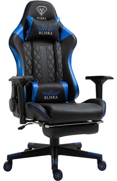 Poltrona da ufficio racing con poggiapiedi e braccioli ergonomici regolabili in 4 direzioni, seduta sportiva ergonomica, colore: nero/blu