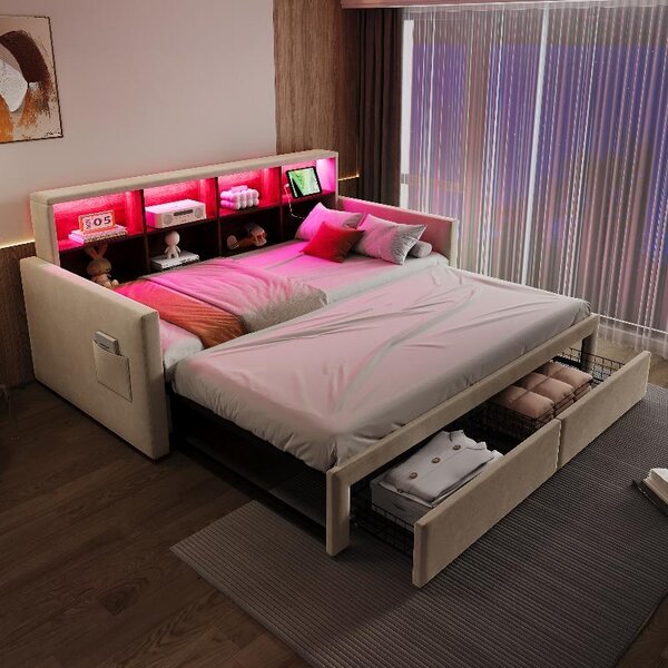 Divano letto 90x190 cm con meccanismo trasformabile fino a 180 cm, poggiatesta con vani contenitori integrati, striscia LED, presa di corrente, porte USB e di tipo C, 2 cassetti, rivestito in velluto color beige
