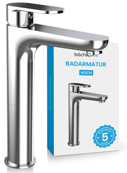 Rubinetto da bagno alto Bächlein dal design classico, miscelatore monocomando extra alto per lavabo da appoggio con set di installazione, rubinetto da bagno cromato