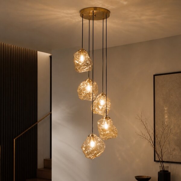 Lampadario a cavo CRISTAL 5xE14/15W/230V ottone/beige fumé