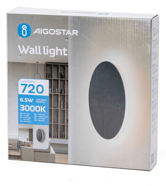 Applique Led da parete Plat 6,5W rotondo Nero IP20 Bianco caldo 3000K Aigostar
