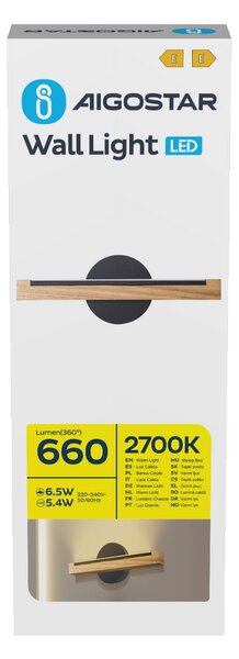 Applique Led da parete Woodden 6,5W Nero IP20 Bianco caldo 2700K Aigostar