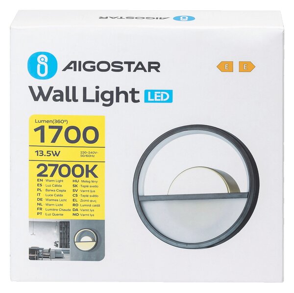 Applique Led da parete Drawn 13,5W Nero IP20 Bianco caldo 2700K Aigostar