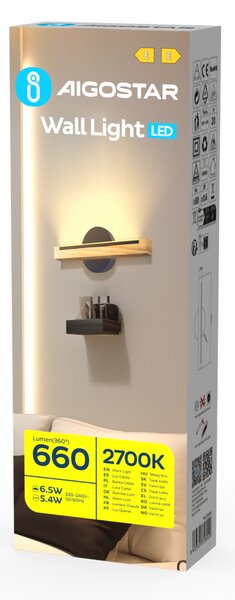Applique Led da parete Woodden 6,5W Nero IP20 Bianco caldo 2700K Aigostar