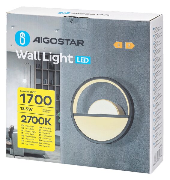 Applique Led da parete Drawn 13,5W Nero IP20 Bianco caldo 2700K Aigostar