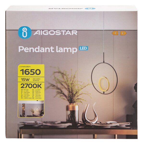 Lampadario Led da soffitto Ring Nero 15W Bianco caldo 2700K Aigostar