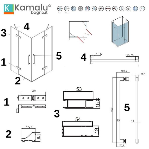 Kamalu cabina doccia 70x130 oro satinato doppio battente | kt1000g