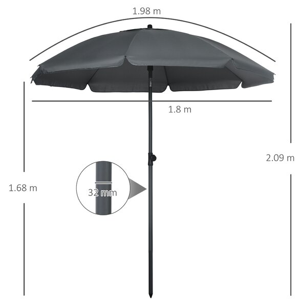 Outsunny Ombrellone da Spiaggia in Poliestere e Acciaio con Tettuccio Reclinabile a 45°, Ø180x209 cm, Grigio|Aosom