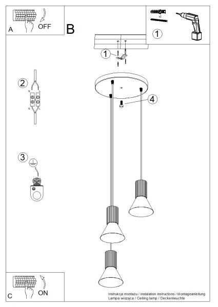 Sollux SL.1871 - Lampadario a sospensione con cavo ESTRIA 3xE14/10W/230V diam. 30 cm colore crema