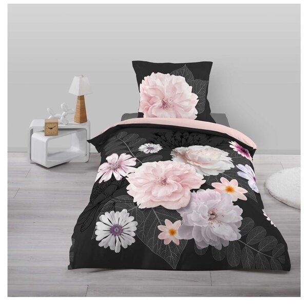 Biancheria da letto in cotone nero e rosa per letto singolo 140x200 cm Floral - douceur d'intérieur