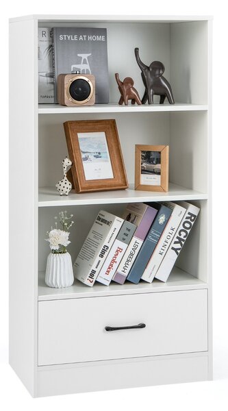 Costway Libreria da terra in legno con cassetto, Scaffale espositivo a 4 livelli per casa 60x38x120cm Bianco