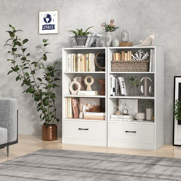 Costway Libreria da terra in legno con cassetto, Scaffale espositivo a 4 livelli per casa 60x38x120cm Bianco