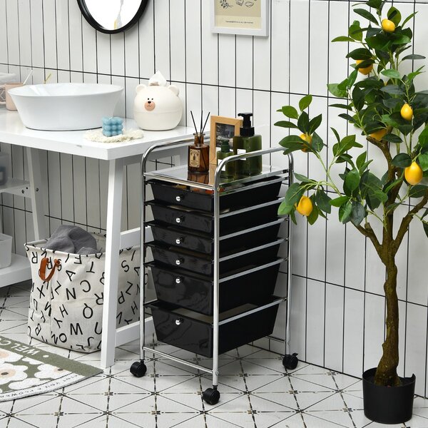 Costway Carrello cassettiera multiuso con 6 cassettiera in plastica con ruote, Carrello per cucina 43,5x34x76cm Nero